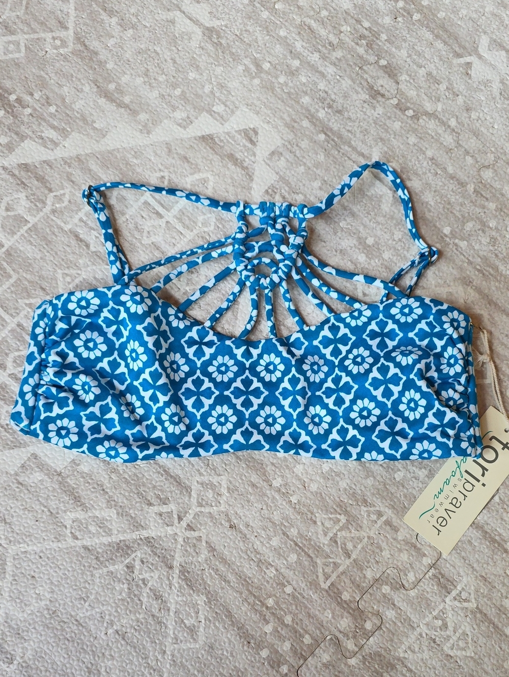 Tori Praver Blue and White Strappy Swim Top NWT
